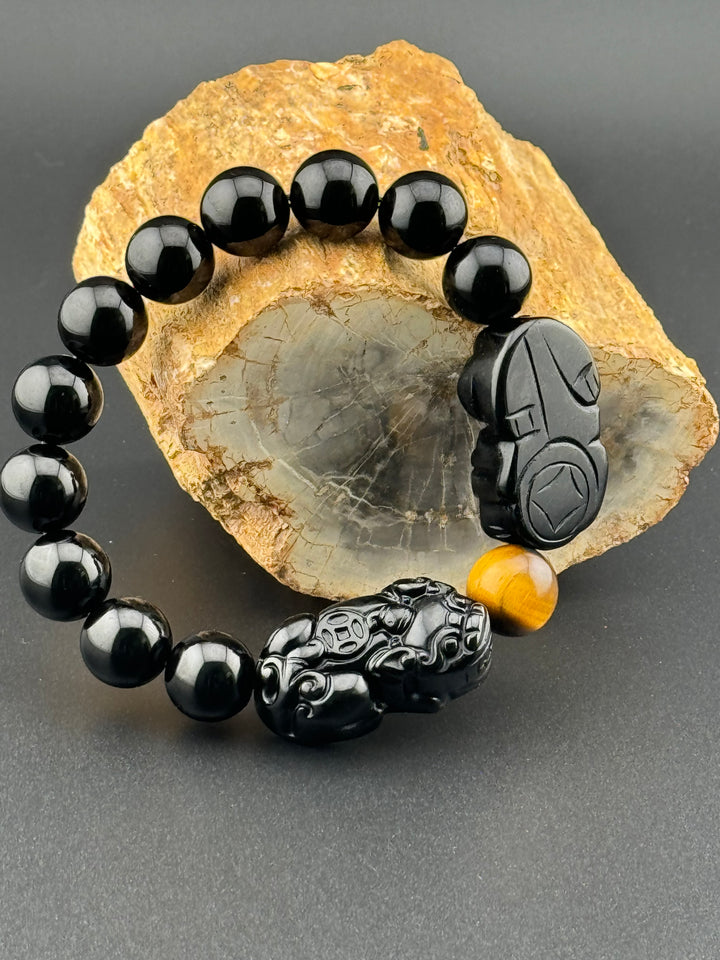 Prosperity Guardian - Black & Gold Obsidian Double Pixiu Men's Bracelet