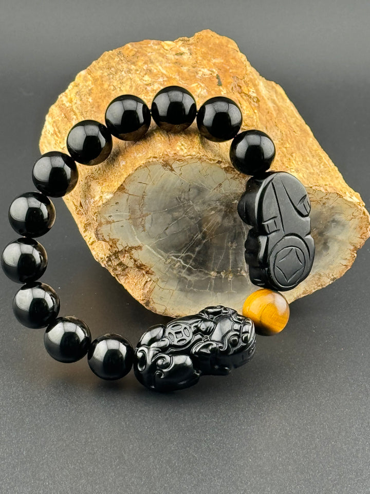 Prosperity Guardian - Black & Gold Obsidian Double Pixiu Men's Bracelet