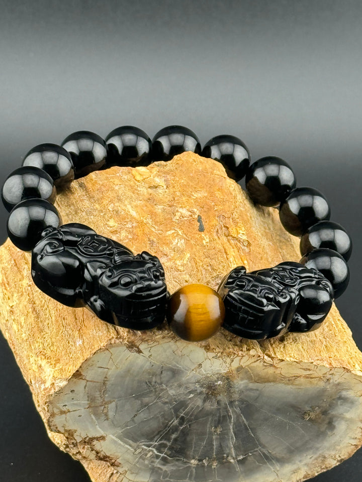 Prosperity Guardian - Black & Gold Obsidian Double Pixiu Men's Bracelet