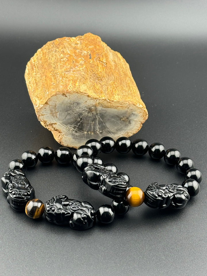 Prosperity Guardian - Black & Gold Obsidian Double Pixiu Men's Bracelet