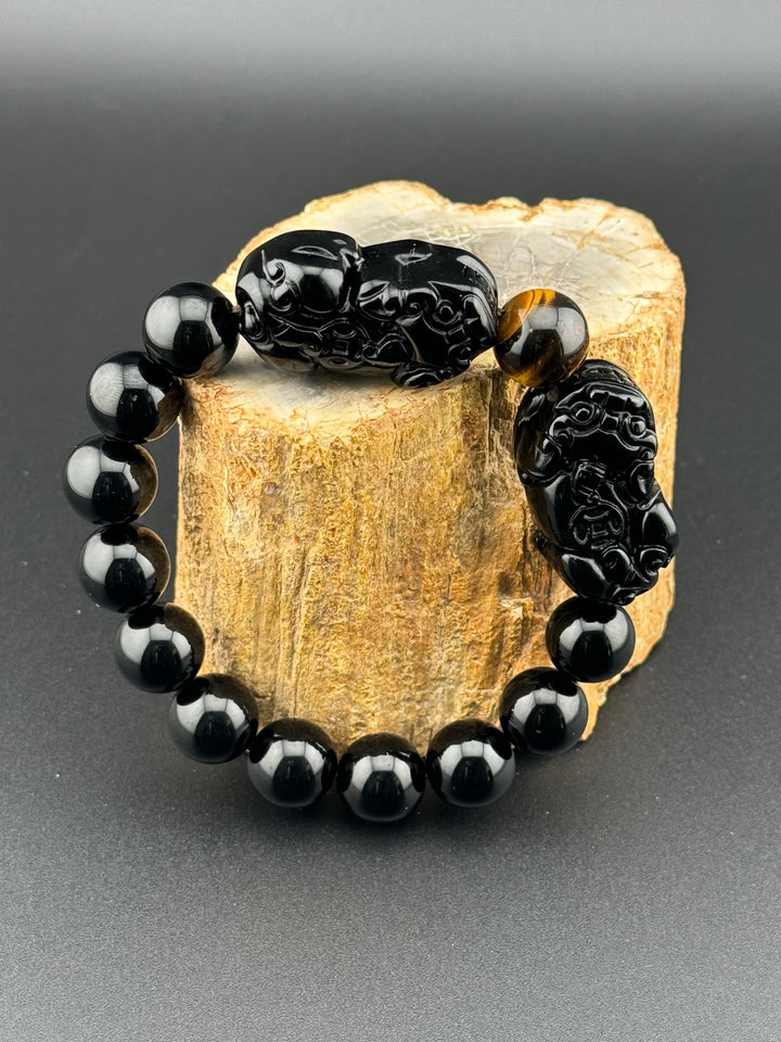 Prosperity Guardian - Black & Gold Obsidian Double Pixiu Men's Bracelet