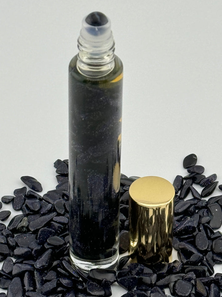 Blue Gold Sandstone Tranquility - Myrrh Infused Crystal Roll-On (Throat Chakra)