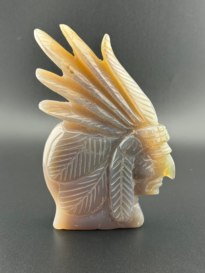 Guardian of Wisdom - Druzy Agate Indian Chief Head Carved Statue