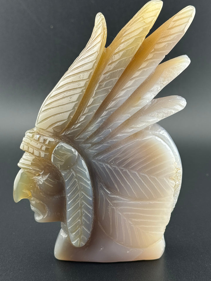 Guardian of Wisdom - Druzy Agate Indian Chief Head Carved Statue