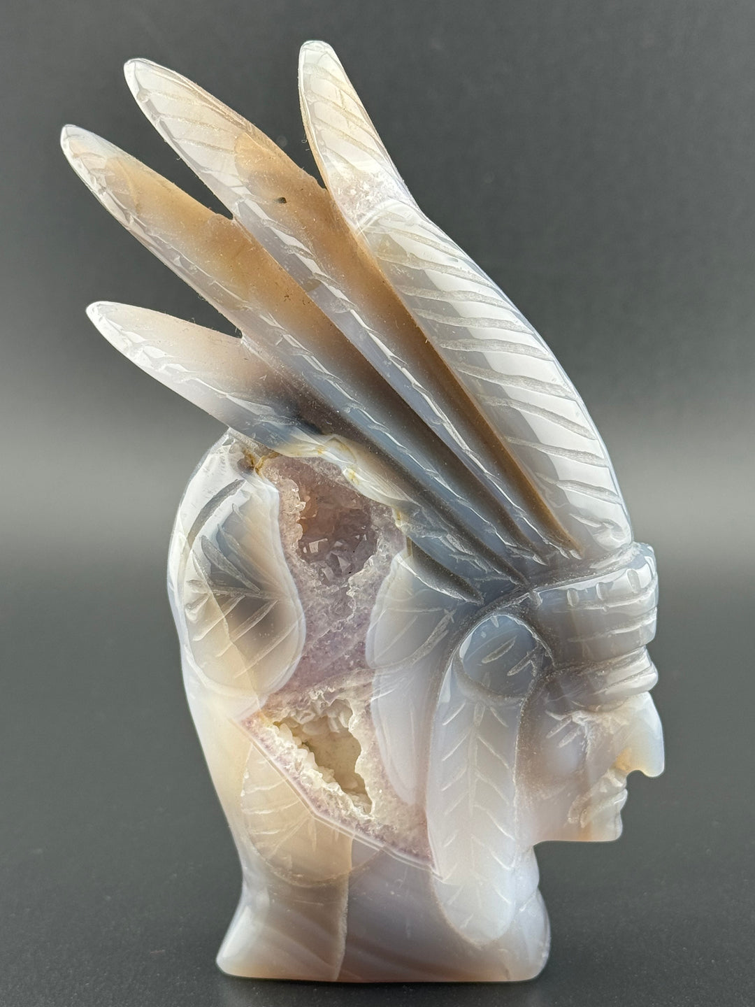 Guardian of Wisdom - Druzy Agate Indian Chief Head Carved Statue