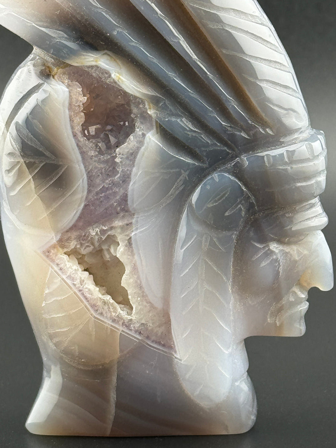 Guardian of Wisdom - Druzy Agate Indian Chief Head Carved Statue