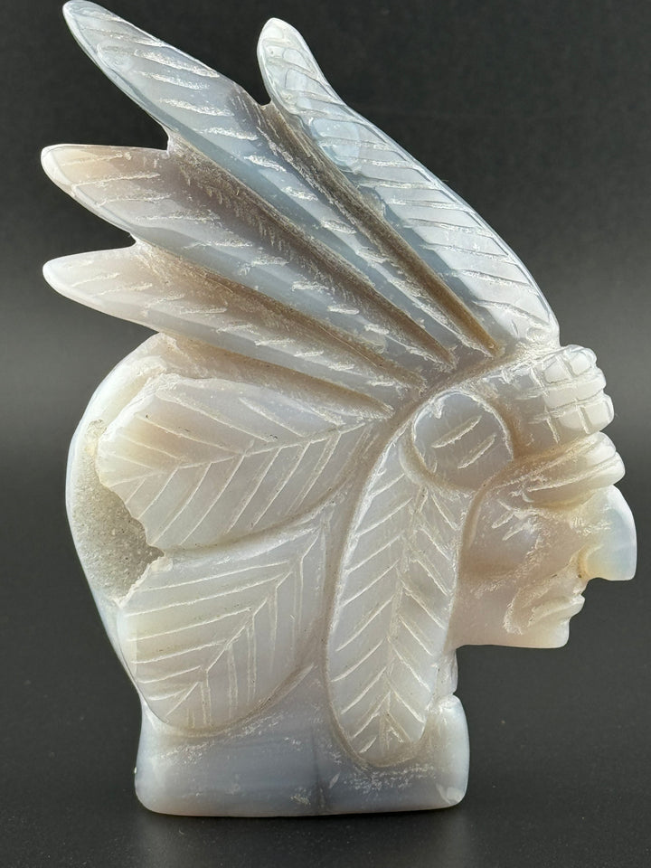 Guardian of Wisdom - Druzy Agate Indian Chief Head Carved Statue