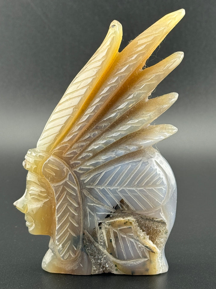 Matriarch of Strength - Druzy Agate Female Indian Chief Head Carved Statue