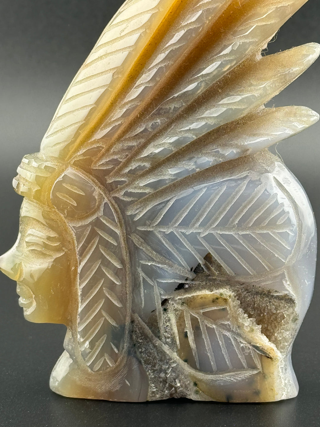 Matriarch of Strength - Druzy Agate Female Indian Chief Head Carved Statue