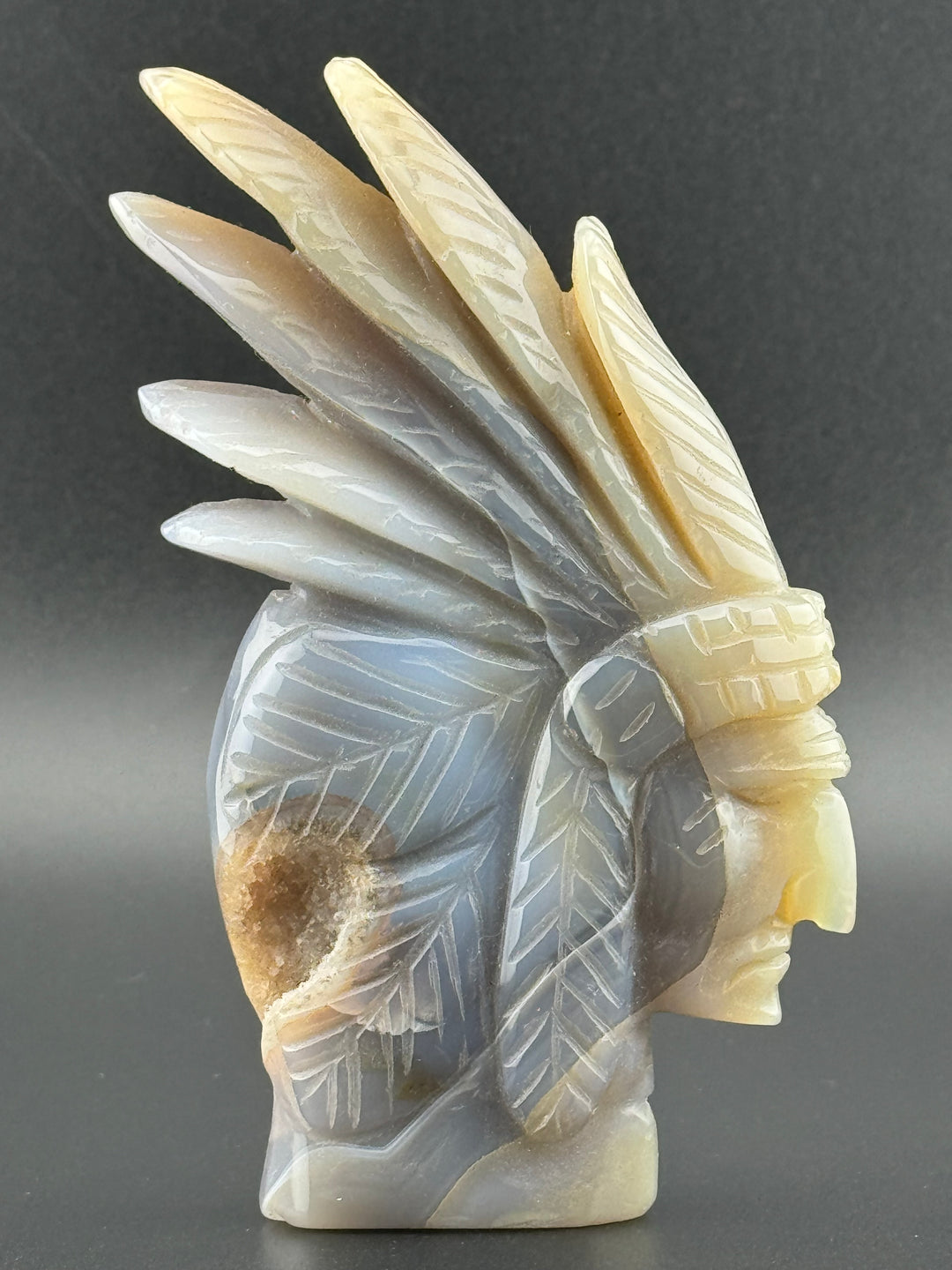 Guardian of Wisdom - Druzy Agate Indian Chief Head Carved Statue