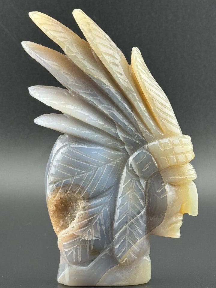 Guardian of Wisdom - Druzy Agate Indian Chief Head Carved Statue