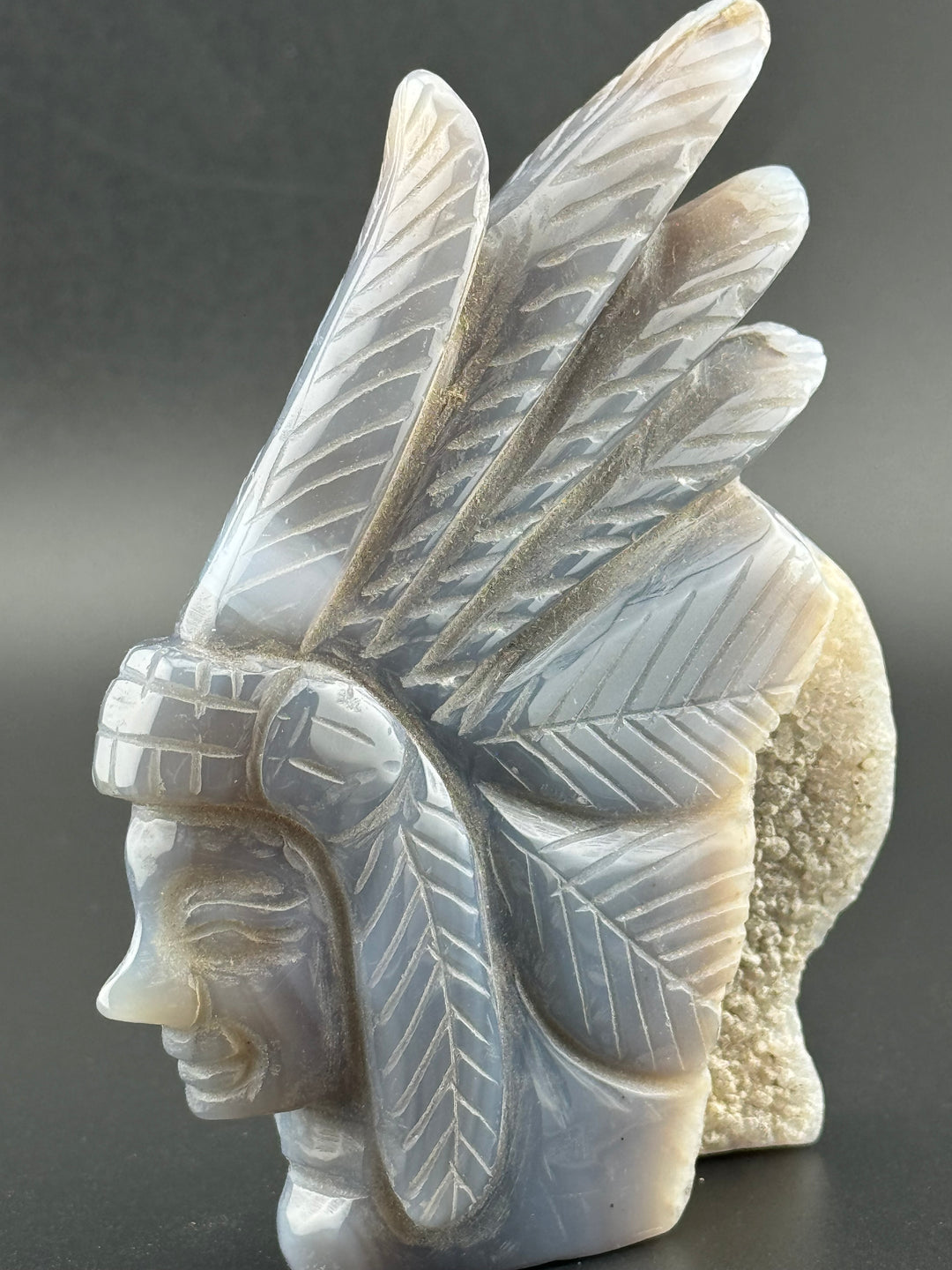 Matriarch of Strength - Druzy Agate Female Indian Chief Head Carved Statue