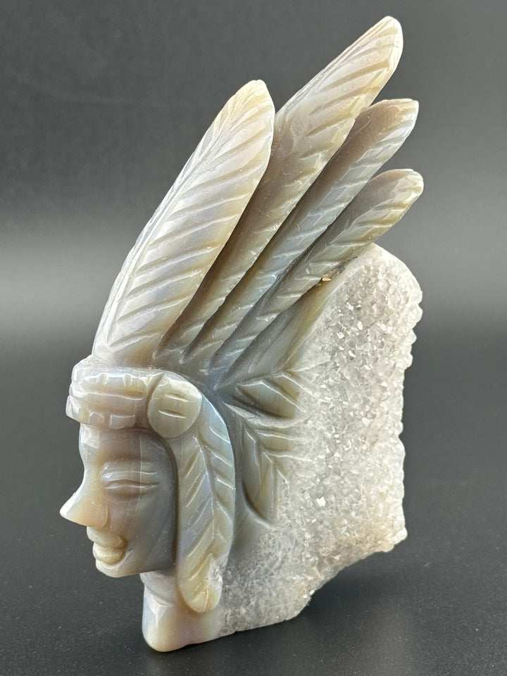 Matriarch of Strength - Druzy Agate Female Indian Chief Head Carved Statue