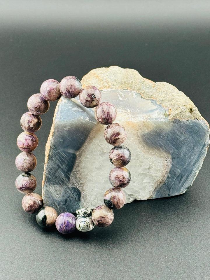 Abundance Charm - Lilac Charoite Bracelet with Sterling Silver Money Bag