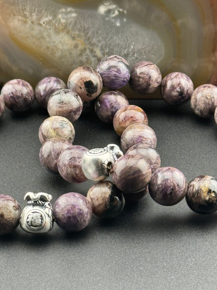 Abundance Charm - Lilac Charoite Bracelet with Sterling Silver Money Bag