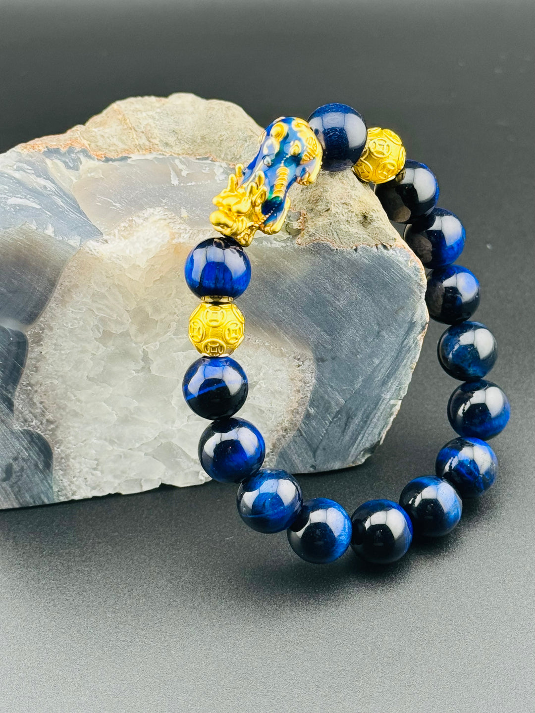 Azure Prosperity - Color Changing Pixiu Bracelet with Blue Tiger's Eye Beads