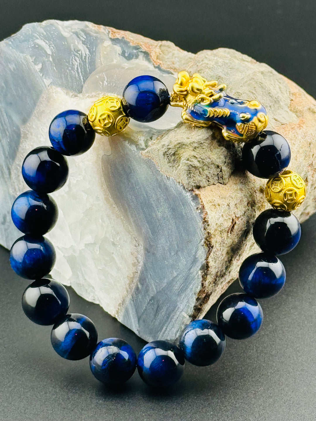 Azure Prosperity - Color Changing Pixiu Bracelet with Blue Tiger's Eye Beads