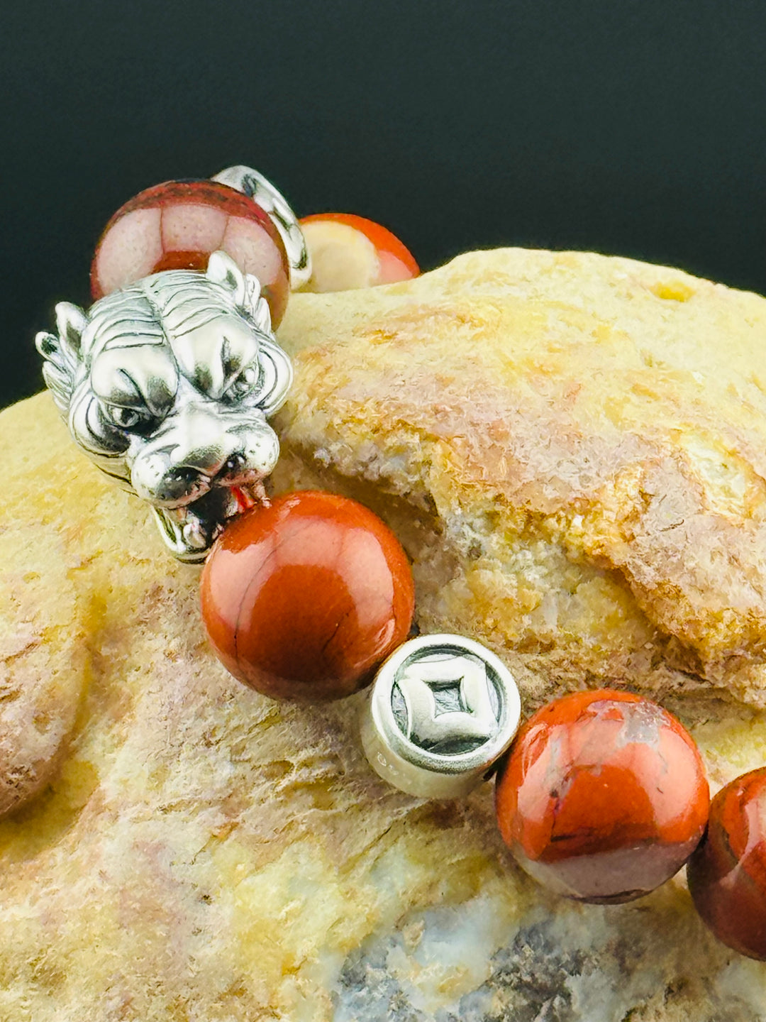 Tiger's Strength - Large Sterling Silver Bracelet with 12mm Natural Beads