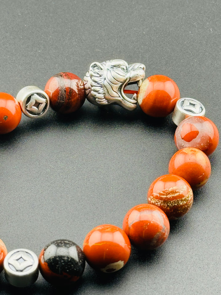 Tiger's Strength - Large Sterling Silver Bracelet with 12mm Natural Beads