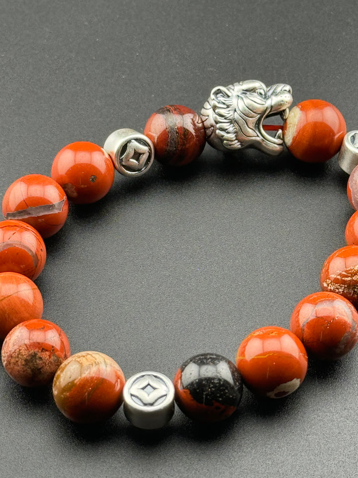 Tiger's Strength - Large Sterling Silver Bracelet with 12mm Natural Beads