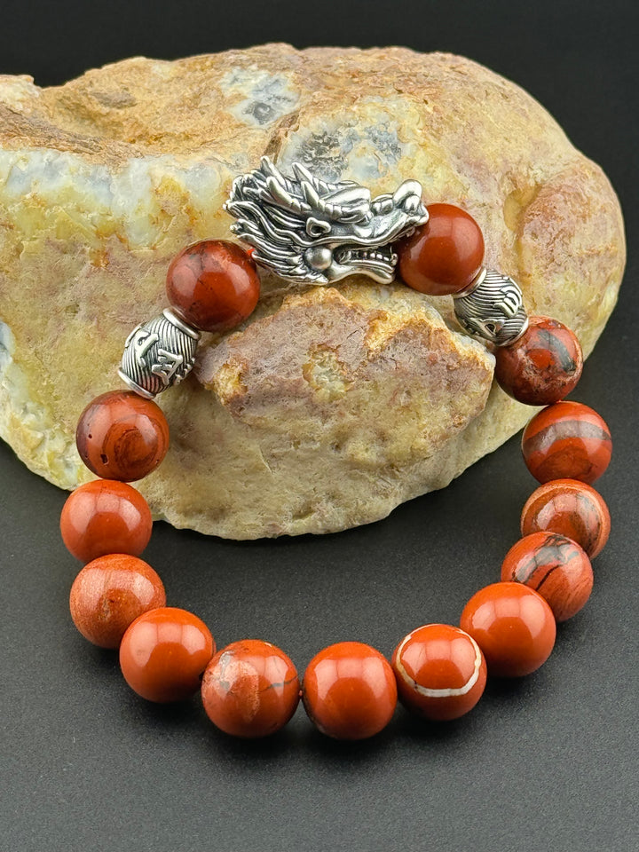 Dragon's Fire - Large Sterling Silver Dragon Head and Om Mani Padme Hum Beads Bracelet