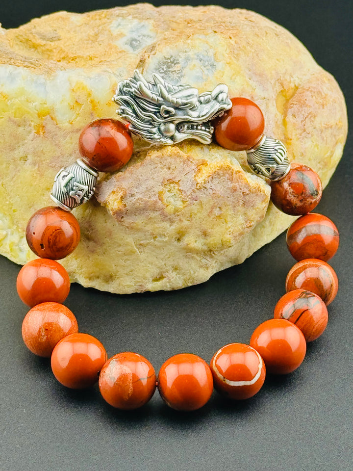 Dragon's Fire - Large Sterling Silver Dragon Head and Om Mani Padme Hum Beads Bracelet