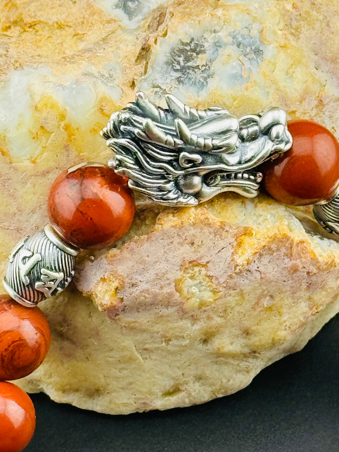 Dragon's Fire - Large Sterling Silver Dragon Head and Om Mani Padme Hum Beads Bracelet