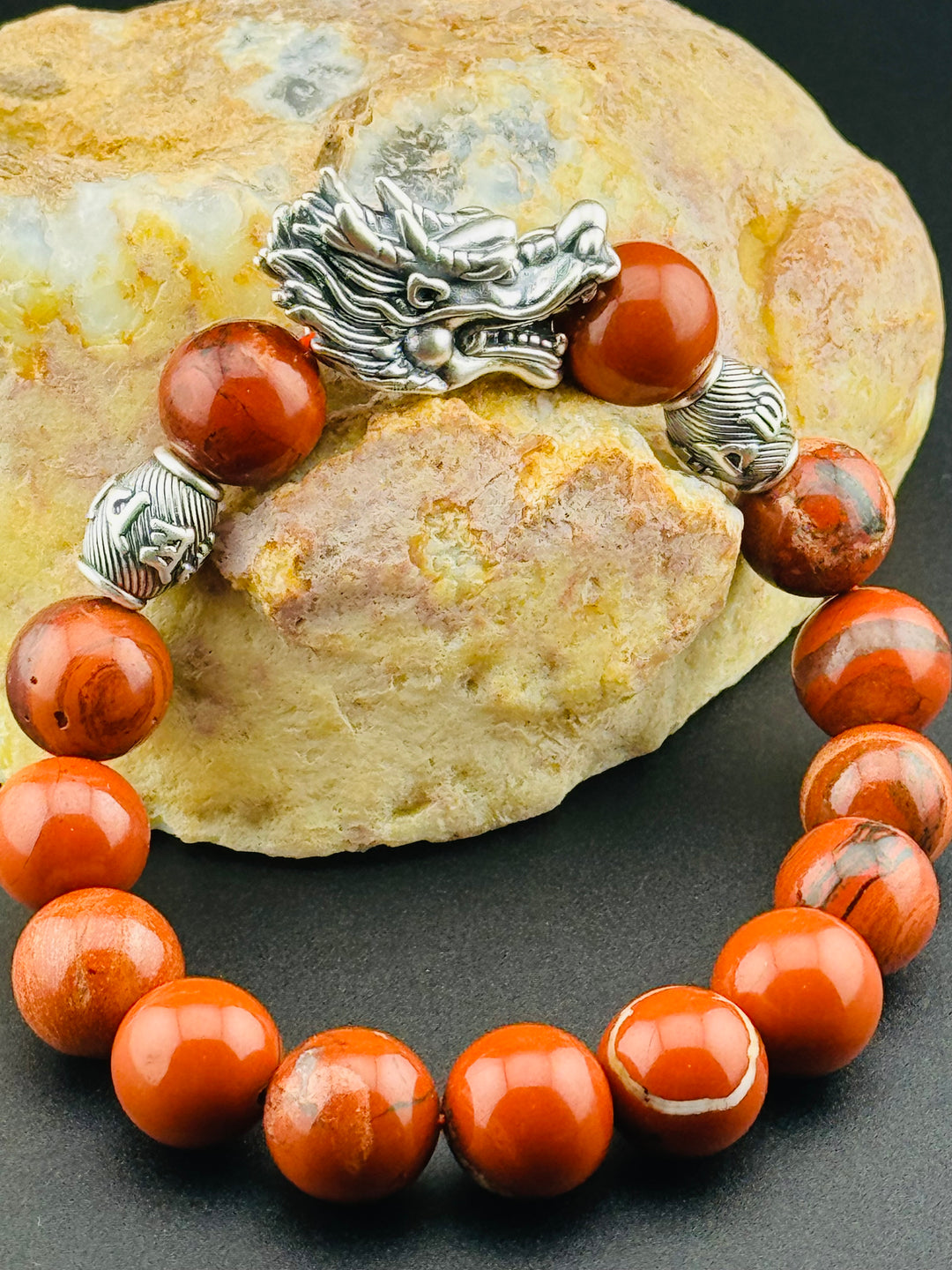 Dragon's Fire - Large Sterling Silver Dragon Head and Om Mani Padme Hum Beads Bracelet