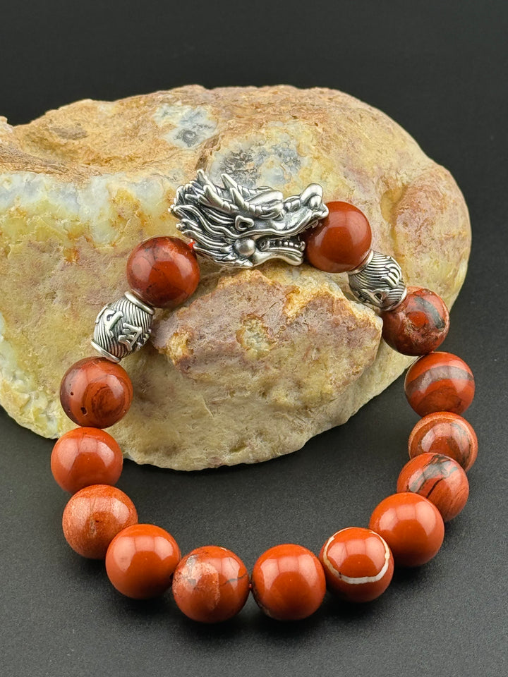 Dragon's Fire - Large Sterling Silver Dragon Head and Om Mani Padme Hum Beads Bracelet