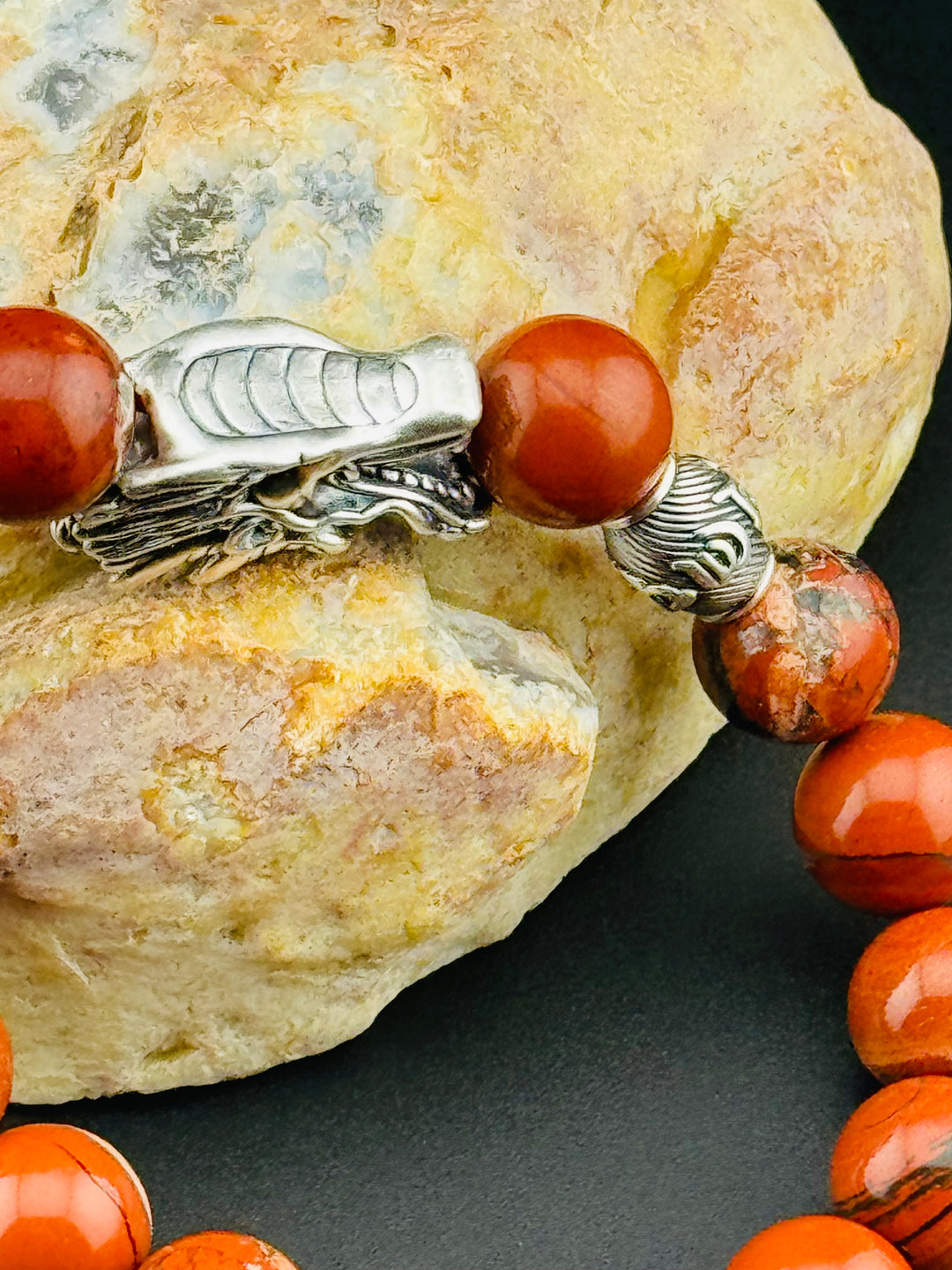 Dragon's Fire - Large Sterling Silver Dragon Head and Om Mani Padme Hum Beads Bracelet