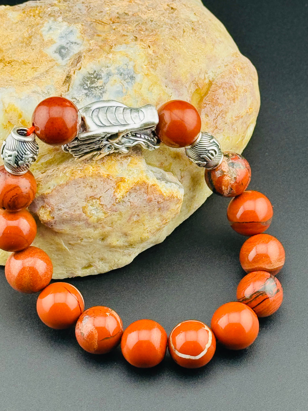 Dragon's Fire - Large Sterling Silver Dragon Head and Om Mani Padme Hum Beads Bracelet