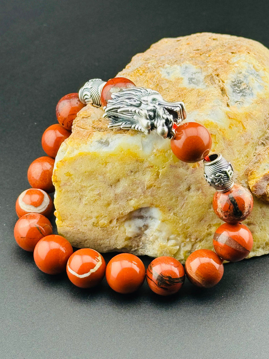 Dragon's Fire - Large Sterling Silver Dragon Head and Om Mani Padme Hum Beads Bracelet