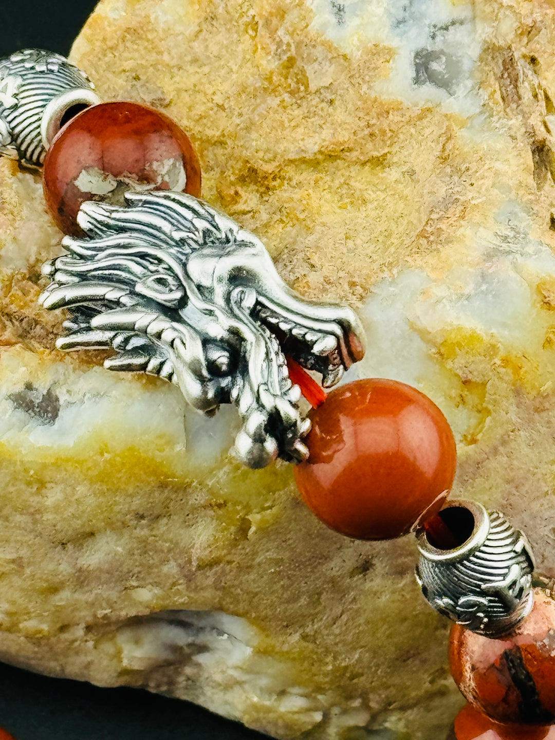 Dragon's Fire - Large Sterling Silver Dragon Head and Om Mani Padme Hum Beads Bracelet