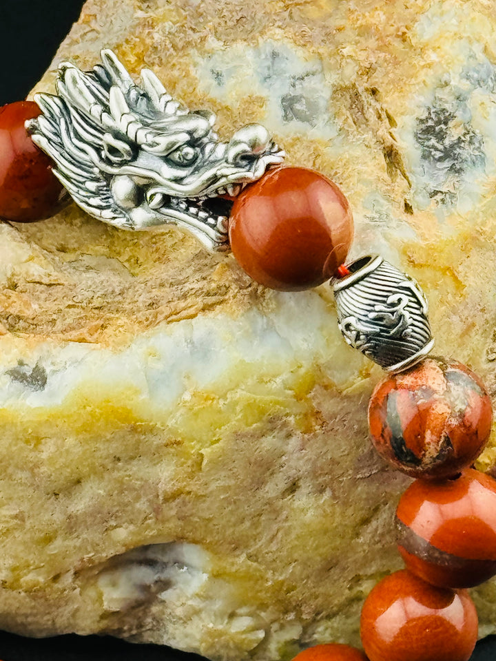 Dragon's Fire - Large Sterling Silver Dragon Head and Om Mani Padme Hum Beads Bracelet