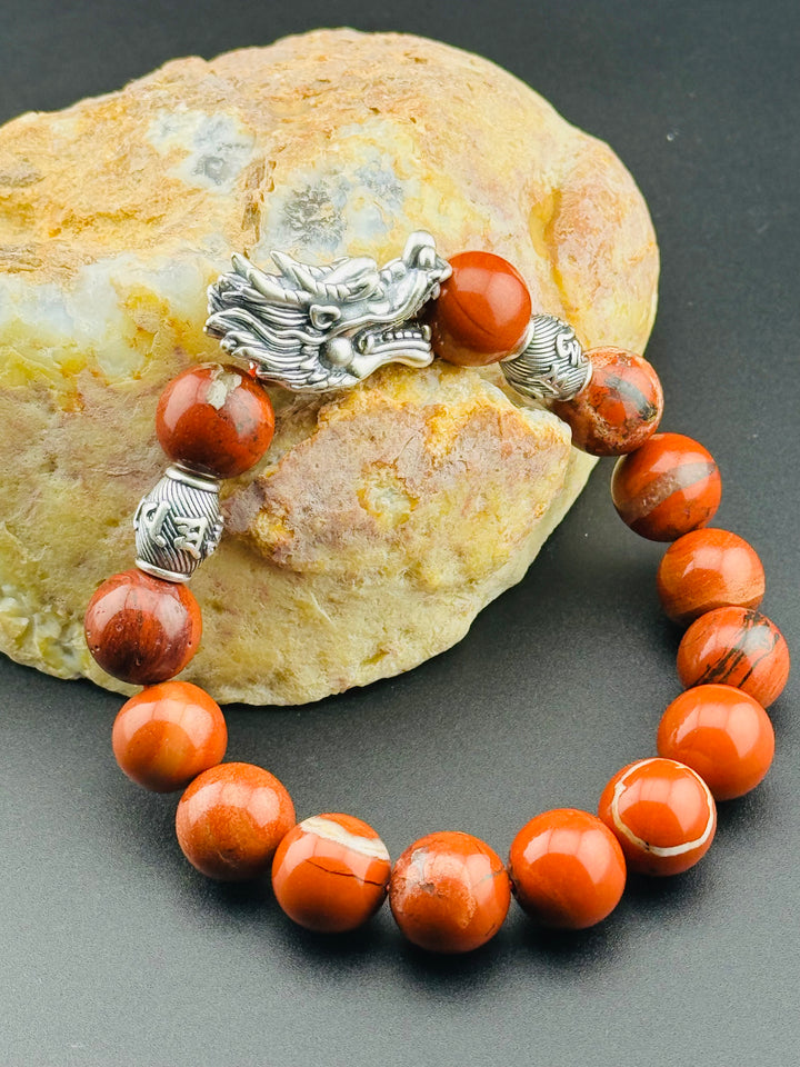 Dragon's Fire - Large Sterling Silver Dragon Head and Om Mani Padme Hum Beads Bracelet