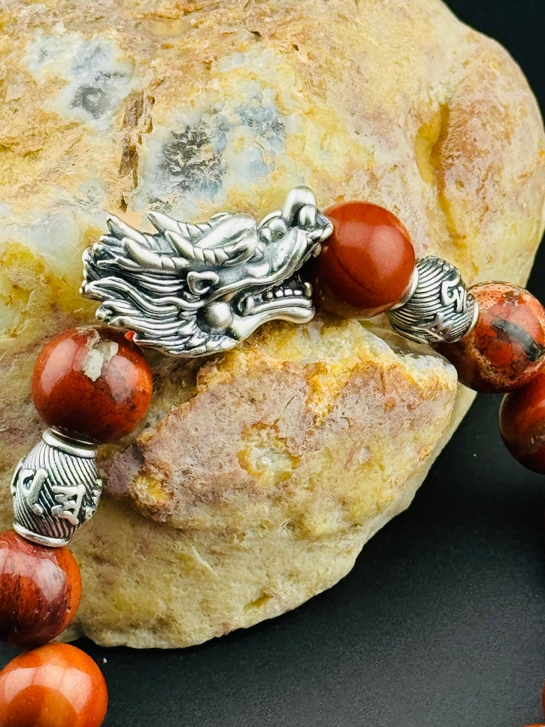 Dragon's Fire - Large Sterling Silver Dragon Head and Om Mani Padme Hum Beads Bracelet