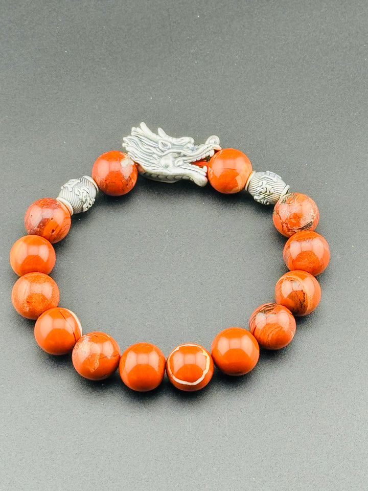 Dragon's Fire - Large Sterling Silver Dragon Head and Om Mani Padme Hum Beads Bracelet