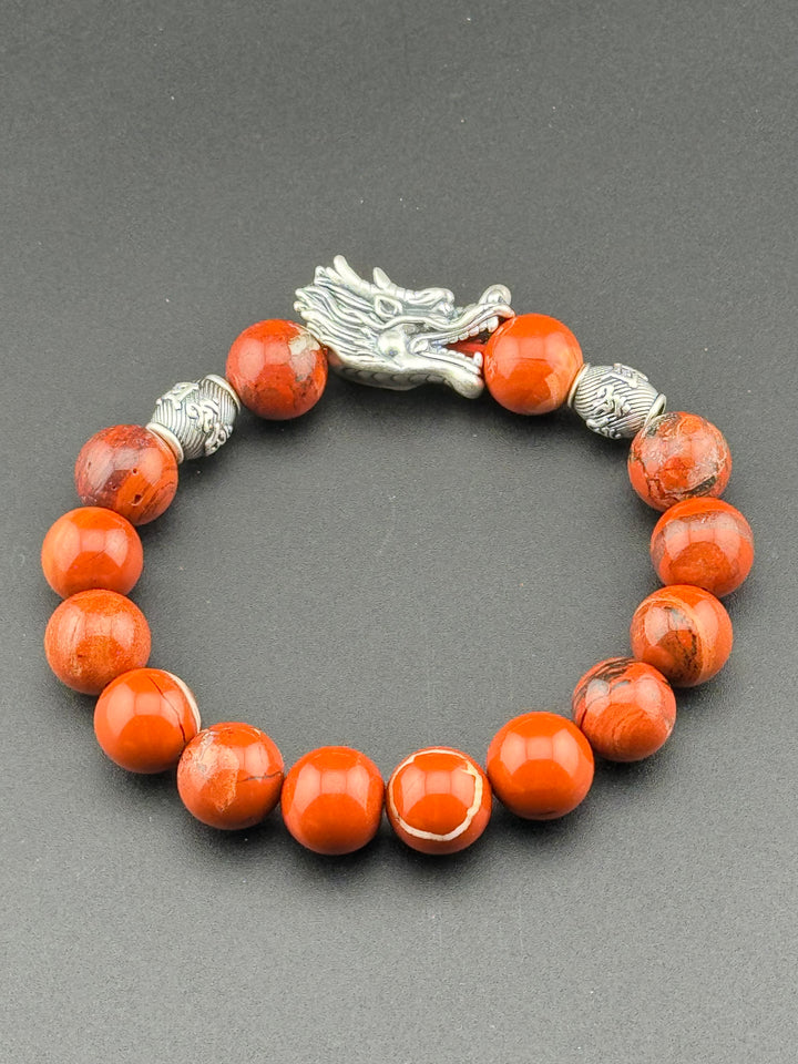 Dragon's Fire - Large Sterling Silver Dragon Head and Om Mani Padme Hum Beads Bracelet