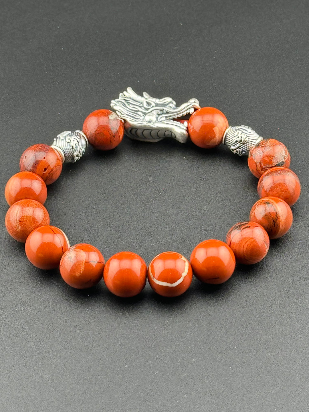 Dragon's Fire - Large Sterling Silver Dragon Head and Om Mani Padme Hum Beads Bracelet