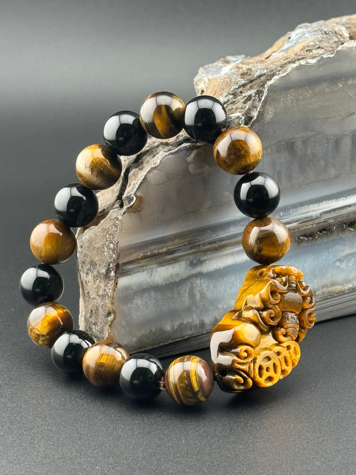 Wealth , Prosperity, & Protection Bracelet - Tiger's Eye Pixiu with Black Agate