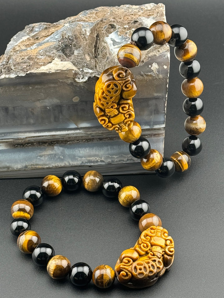 Wealth , Prosperity, & Protection Bracelet - Tiger's Eye Pixiu with Black Agate