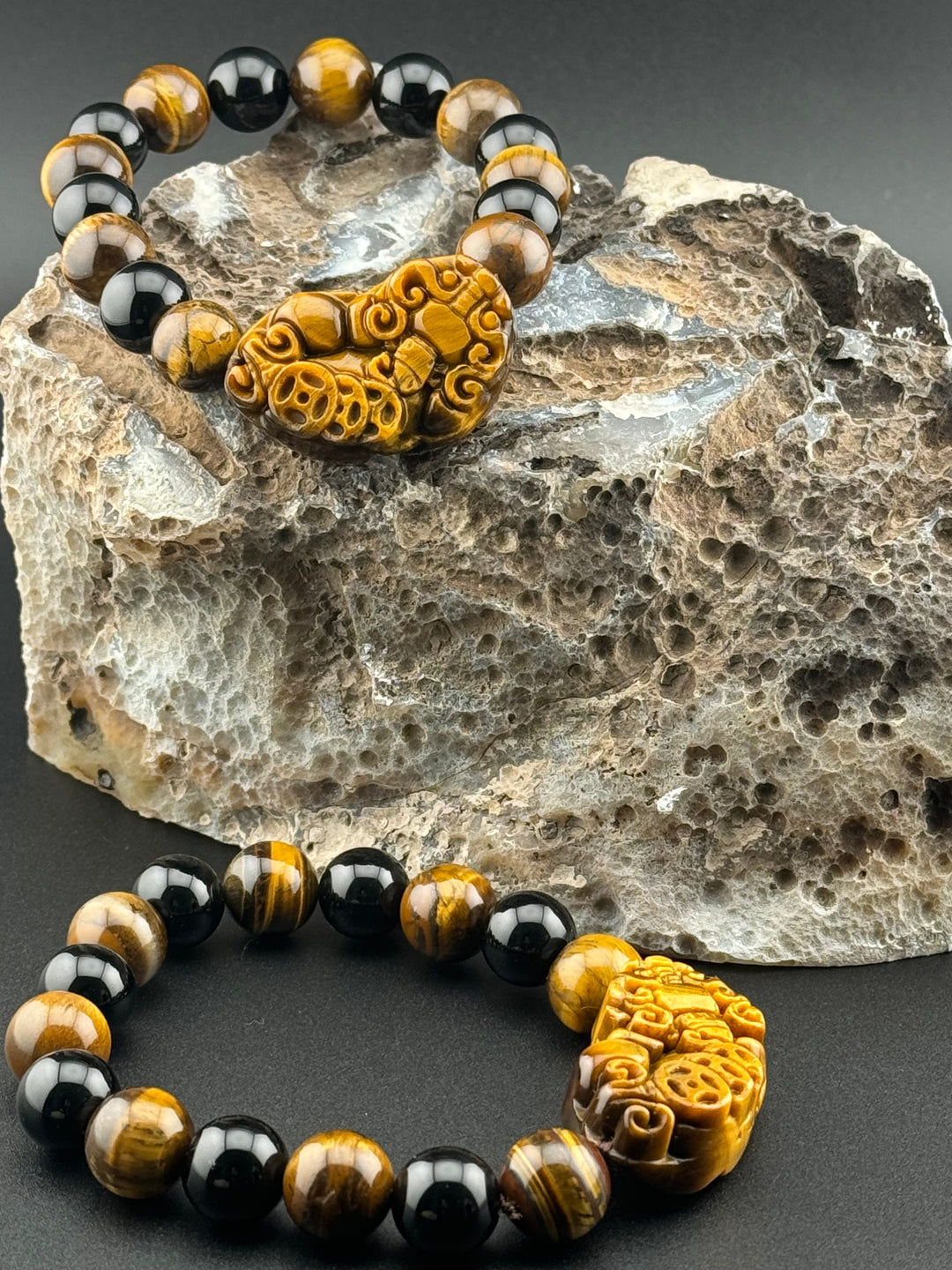 Wealth , Prosperity, & Protection Bracelet - Tiger's Eye Pixiu with Black Agate