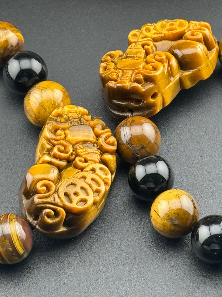 Wealth , Prosperity, & Protection Bracelet - Tiger's Eye Pixiu with Black Agate