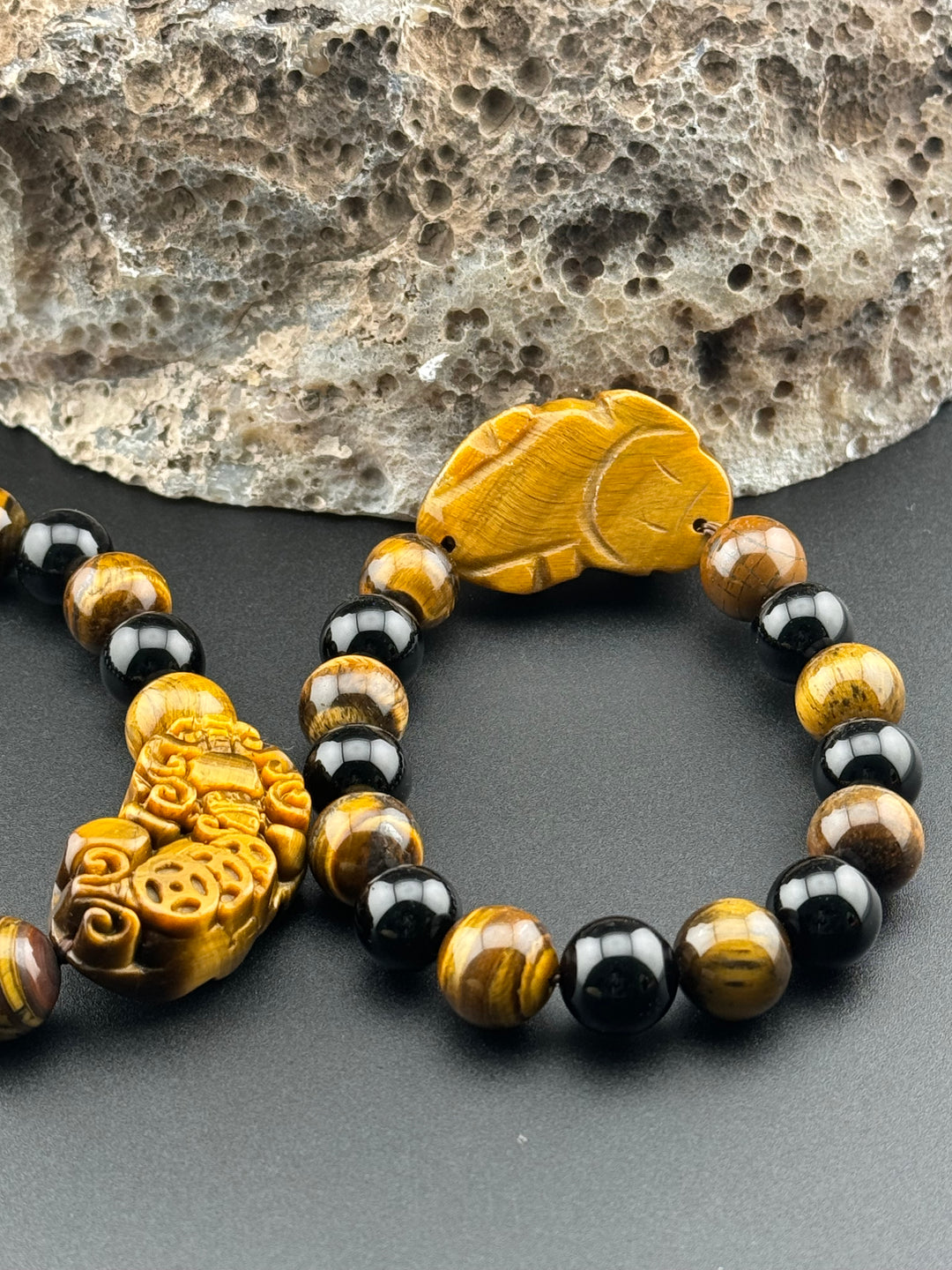 Wealth , Prosperity, & Protection Bracelet - Tiger's Eye Pixiu with Black Agate