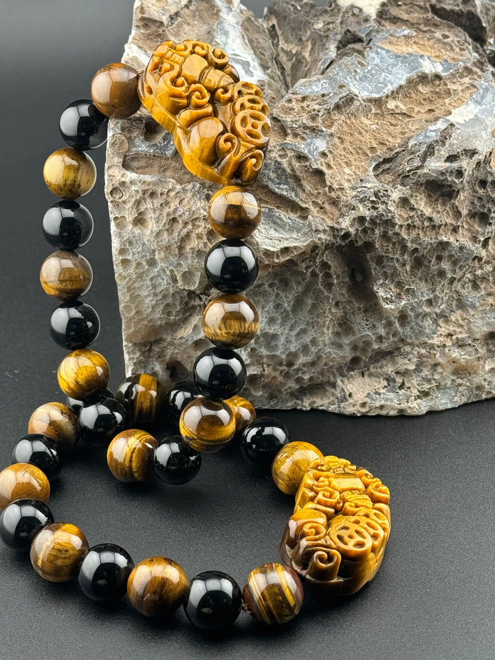 Wealth , Prosperity, & Protection Bracelet - Tiger's Eye Pixiu with Black Agate