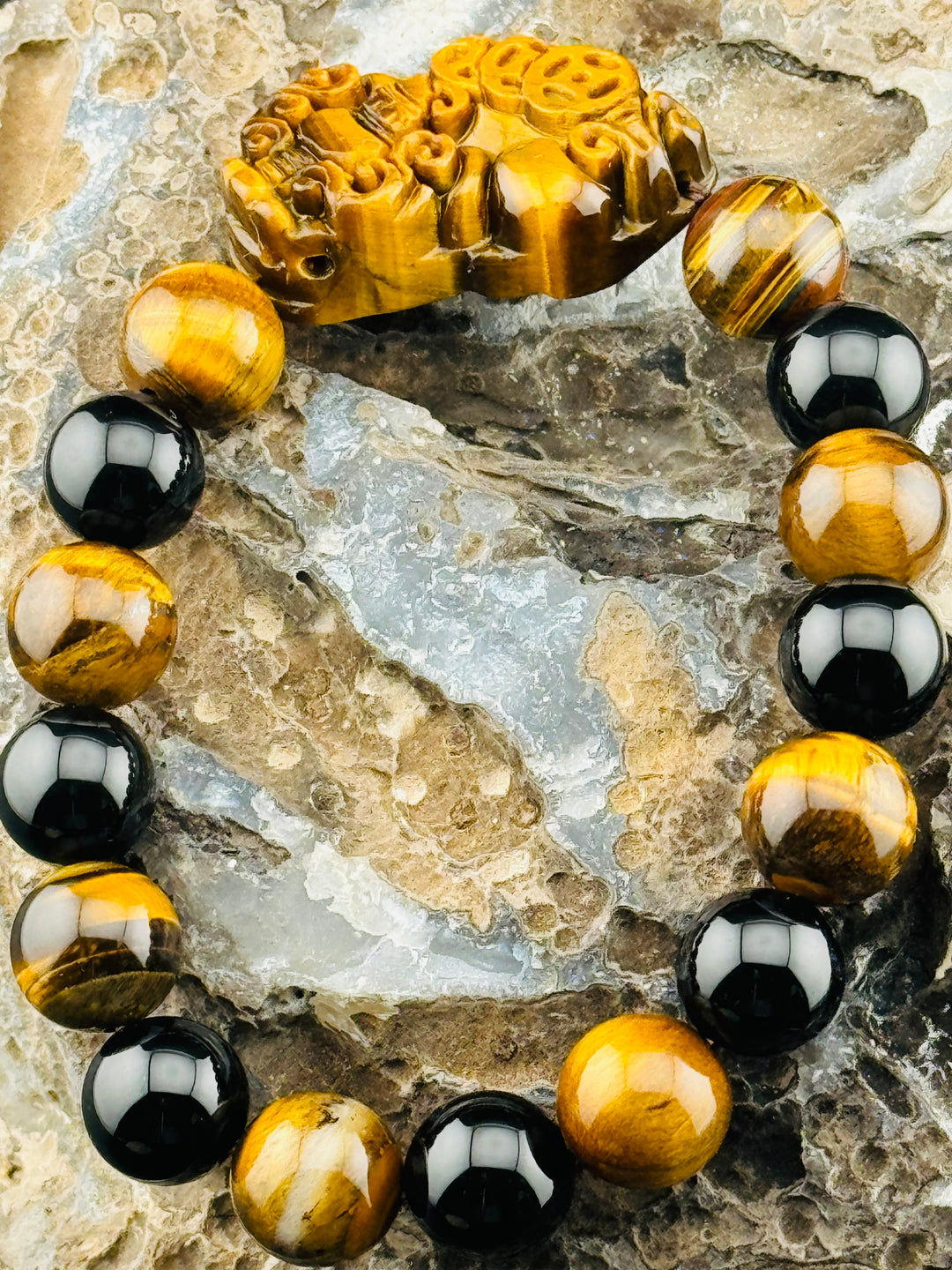 Wealth , Prosperity, & Protection Bracelet - Tiger's Eye Pixiu with Black Agate