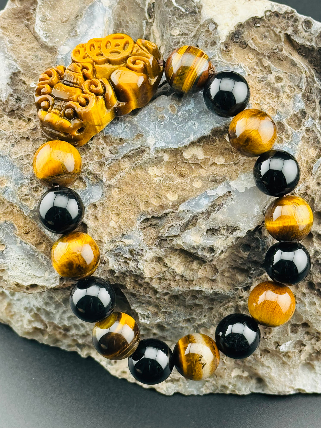 Wealth , Prosperity, & Protection Bracelet - Tiger's Eye Pixiu with Black Agate