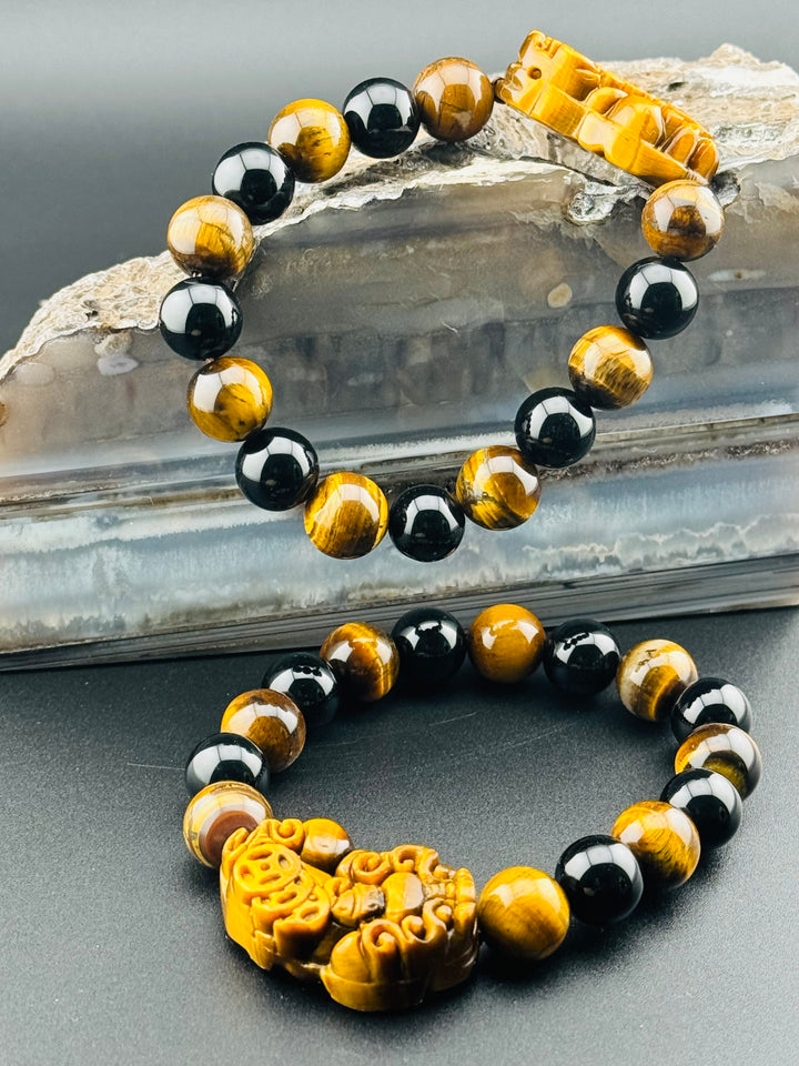 Wealth , Prosperity, & Protection Bracelet - Tiger's Eye Pixiu with Black Agate