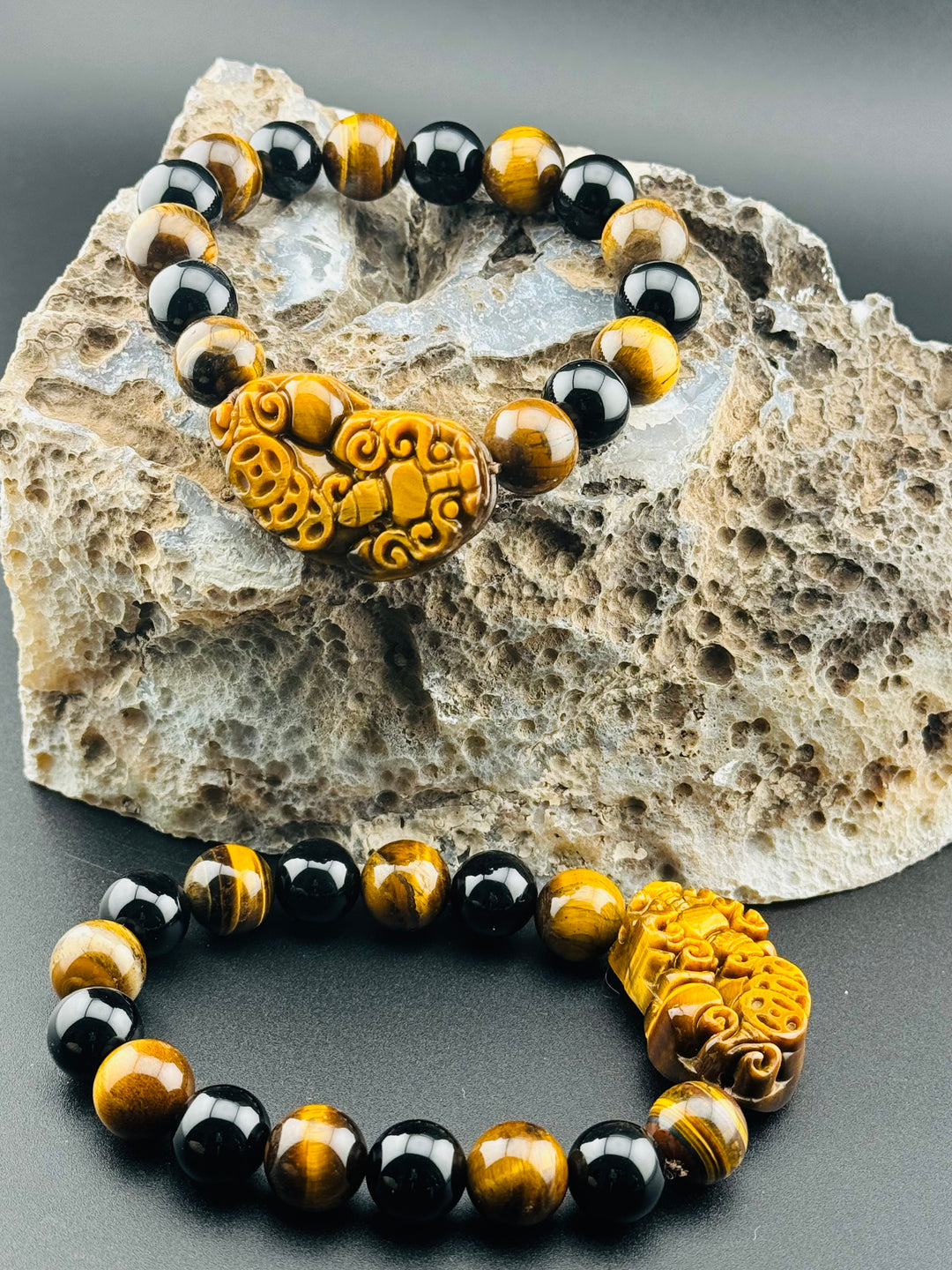 Wealth , Prosperity, & Protection Bracelet - Tiger's Eye Pixiu with Black Agate