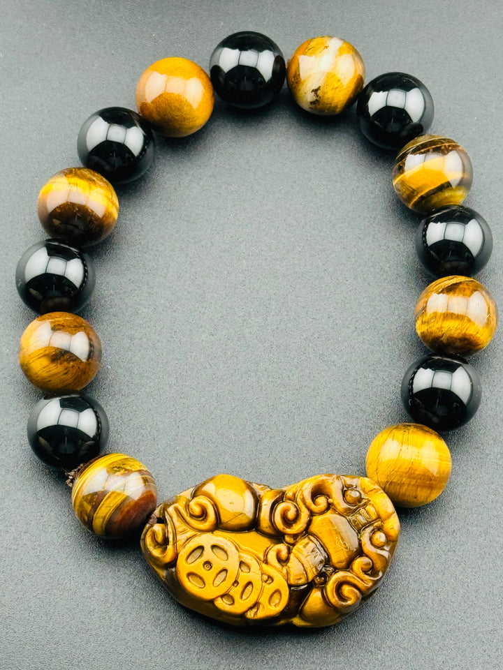 Wealth , Prosperity, & Protection Bracelet - Tiger's Eye Pixiu with Black Agate